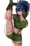  1girl artist_request black_gloves blue_eyes blue_hair boots combat_boots flexible gloves green_jacket green_shorts hand_in_hair highres jacket kneepits leona_heidern midriff military military_uniform navel non-web_source ponytail sakura_mafumi short_sleeves shorts simple_background solo split standing standing_on_one_leg standing_split the_king_of_fighters the_king_of_fighters_xv uniform white_background 