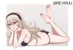  1girl ass barefoot bikini black_bikini black_hairband breasts butt_crack corrin_(female)_(fire_emblem) corrin_(fire_emblem) crossed_ankles feet feet_up fire_emblem fire_emblem_fates grey_background hairband head_rest highres legs_up long_hair looking_at_viewer lying medium_breasts on_stomach pointy_ears red_eyes reviruu sideboob simple_background smile soles solo swimsuit the_pose toes twitter 