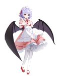  1girl absurdres alternate_costume alternate_headwear apron ascot bat_wings blush commentary enmaided fangs heart heart_hands highres looking_at_viewer maid maid_apron maid_headdress open_mouth puffy_short_sleeves puffy_sleeves purple_hair red_ascot red_eyes red_footwear remilia_scarlet short_hair short_sleeves simple_background solo touho_0505 touhou white_apron white_background wings wrist_cuffs 