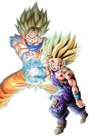  2boys beaten blonde_hair blood blood_on_clothes commentary_request dougi dragon_ball dragon_ball_(classic) dragon_ball_z father_and_son fighting_stance highres kamehameha looking_at_viewer male_focus multiple_boys muscular saiyan shirt simple_background son_gohan son_goku spiked_hair super_saiyan super_saiyan_2 teeth torn_clothes white_background youngjijii 