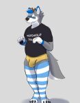 anthro antlers belly blush bulge canid canine canis chromawolf clothing hi_res horn legwear male mammal programmer_socks slightly_chubby solo thick_thighs thigh_highs underwear wolf