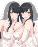  2girls alternate_costume asymmetrical_docking breast_press breasts bridal_veil dress elbow_gloves fusou_(kancolle) gloves highres kantai_collection ken_(shutenndouji1) large_breasts long_hair low_ponytail medium_hair multiple_girls simple_background upper_body veil wedding_dress white_background white_gloves yamashiro_(kancolle) 