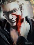  1boy alexander_anderson artist_name blonde_hair blood blood_on_face blood_on_hands blue_eyes chest_hair commentary_request facial_hair glasses goatee hellsing male_focus portrait smile solo toshimichi_yukari web_address 