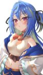  1girl balflear_(oe19nlud) belt black_ribbon blue_hair blue_skirt blush bow bowtie breasts brown_belt buttons chest_belt closed_mouth coat crop_top frilled_sleeves frills green_brooch green_hair hair_between_eyes hair_intakes hair_ribbon hands_on_own_hips highres long_hair long_sleeves looking_at_viewer medium_bangs midriff mole mole_under_eye multicolored_hair nanashi_inc. navel open_clothes open_coat orange_bow orange_bowtie pink_eyes pout ribbon shirt simple_background skirt small_breasts solo striped_clothes striped_shirt suzumi_nemo suzumi_nemo_(1st_costume) two-tone_hair two_side_up upper_body vertical-striped_clothes vertical-striped_shirt virtual_youtuber white_background white_coat white_shirt 