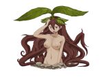  1girl bmp-to-png_conversion breasts brown_eyes brown_hair burrowing collarbone completely_nude convenient_censoring d: dark-skinned_female dark_skin dirt frown game_cg hair_between_eyes hair_ornament hand_on_own_head hand_up large_breasts leaf leaf_hair_ornament leaf_on_head long_hair looking_at_viewer mon-musu_quest! monster_girl navel nipples non-web_source nude open_mouth plant_hair ragora_(mon-musu_quest!) roots setouchi_(blackse) simple_background solo transparent_background upper_body very_long_hair 