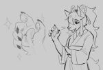 anthro asian_clothing canid canine ceroba_(undertale_yellow) claws clothed clothing east_asian_clothing female fox hair hand_focus japanese_clothing kimono long_hair mammal pawpads paws simple_background sketch solo undertale_yellow unknown_artist whiskers