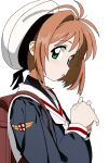  1girl antenna_hair backpack bag beret blush brown_hair cardcaptor_sakura green_eyes hat highres jiryu50610218 kinomoto_sakura long_sleeves looking_at_viewer neckerchief parted_lips randoseru sailor_collar school_uniform serafuku short_hair simple_background solo tomoeda_elementary_school_uniform upper_body white_background white_headwear white_neckerchief 