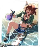  1girl agnes_tachyon_(lunatic_lab)_(umamusume) agnes_tachyon_(umamusume) ahoge animal_ears arm_support belt bikini black_bikini black_gloves breasts brown_hair caustics cleavage closed_eyes criss-cross_halter cutoffs denim denim_shorts duyu_(guliguli_056) facing_viewer flask full_body gloves green_jacket halterneck highres holding holding_flask horse_ears horse_girl horse_tail jacket knee_up navel open_mouth partially_submerged pouch round-bottom_flask sandals short_hair short_shorts shorts single_glove sitting small_breasts smile solo swimsuit tail tied_jacket torn_clothes torn_shorts umamusume water wet 