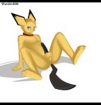  3_toes anthro anus balls black_anus black_penis blue_eyes collar digital_media_(artwork) erection feet fur genitals looking_at_viewer male nintendo penis pichu pok&eacute;mon pok&eacute;mon_(species) red_collar shadow simple_background sitting solo toes video_games warden006 white_background yellow_body yellow_fur 