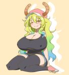 animal_humanoid big_breasts blonde_hair blue_hair blush blush_lines bottomwear breasts cleavage clothed clothing dragon dragon_humanoid female footwear green_eyes green_hair hair hat headgear headwear horn horned_humanoid huge_breasts humanoid kneeling long_hair looking_at_viewer matsu-sensei miss_kobayashi&#039;s_dragon_maid multicolored_hair mythological_creature mythological_scalie mythology nipple_outline one_eye_closed quetzalcoatl_(dragon_maid) scalie shirt shoes shorts smile solo thick_thighs topwear wink