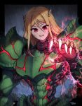  1girl aura blonde_hair claws clenched_teeth glowing glowing_hand highres horns long_hair looking_at_viewer metroid metroid_dread metroid_suit mole mole_under_mouth red_eyes samus_aran shoulder_spikes solo spikes teeth upper_body veins wakaba_(wata_ridley) 