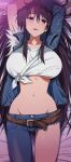  1girl arms_up asymmetrical_clothes bed_sheet belt belt_buckle black_belt black_hair breasts brown_belt buckle collarbone commentary commission cutoff_jeans cutoffs denim denim_jacket from_above hair_between_eyes highres jacket jeans kanzaki_kaori large_breasts long_hair midriff navel oki_kuro open_mouth pants purple_eyes shirt single_pantsleg skeb_commission smile solo tied_shirt toaru_majutsu_no_index underboob very_long_hair white_shirt 