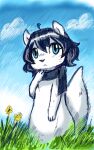 10:16 anthro black_hair black_scarf blue_eyes blue_sky chibi eyelashes female flower glistening glistening_eyes grass hair hi_res looking_at_viewer mouth_closed outside penguinexperience plant scarf semi-anthro sketch sky solo standing tail white_body white_tail