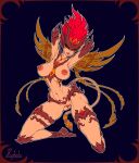 areola big_breasts black_sclera blue_background blush blush_lines breasts demon demon_humanoid eyelashes female fire flaming_hair genital_piercing genitals hair hands_behind_head hi_res himokone humanoid jewelry kneeling looking_at_viewer navel navel_piercing necklace nipple_piercing nipples orange_body orange_skin piercing pink_areola pink_nipples pseudo_hair pussy pussy_piercing red_eyes red_hair simple_background solo tail tailed_humanoid thick_thighs wide_hips winged_humanoid wings