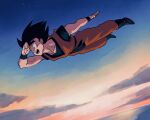  1boy black_hair blue_footwear blue_shirt boots dougi dragon_ball dragon_ball_z flying hand_up highres kz_(dbz_kz) midair orange_pants orange_shirt pants shirt short_sleeves sky sleeveless sleeveless_shirt solo son_goku spiked_hair 