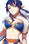  1girl belt blue_bra bra breasts hair_bun judith_(tales) long_hair looking_at_viewer mandarin_collar medium_breasts navel parted_lips pointy_ears pon52io purple_hair red_eyes shirt short_sleeves sidelocks solo tales_of_(series) tales_of_vesperia underwear white_shirt 