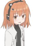  1girl a.i._voice anmitsu_kina black_shirt commentary computer_chip drawstring hair_ornament headlamp headphones highres jacket lens_eye looking_at_viewer medium_hair one_side_up open_clothes open_jacket open_mouth orange_eyes orange_hair shirt simple_background solo text_in_eyes turtleneck upper_body utau white_background white_jacket 