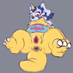 2023 3_toes anthro anus azuruff bandai_namco digimon digimon_(species) feet female gabumon genitals grey_background horn looking_at_self lying on_back pussy red_eyes simple_background solo spread_legs spreading toes yellow_body