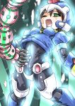  1girl absorbing aile_(mega_man_zx) arm_cannon black_bodysuit bodysuit bodysuit_under_clothes breasts brown_hair cropped_jacket energy_drain gloves green_eyes helmet highres jacket konomi_uo layered_sleeves long_sleeves mega_man_(series) mega_man_zx model_x_(mega_man) one_eye_closed open_mouth short_hair short_over_long_sleeves short_sleeves skin_tight solo spandex weapon 
