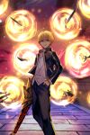 1boy black_jacket black_pants blonde_hair ea_(fate/stay_night) evil_smile fate/stay_night fate_(series) gate_of_babylon_(fate) gilgamesh_(fate) hand_in_pocket holding holding_sword holding_weapon hungry_clicker jacket looking_at_viewer male_focus open_clothes open_jacket pants pocket red_eyes shirt short_hair smile solo sword weapon white_shirt 
