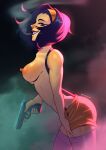  1girl artist_name backlighting bob_cut breasts breasts_out cigarette cowboy_bebop cowboy_shot english_commentary faye_valentine floating_hair from_side glock grin gun hair_slicked_back hairband hand_on_own_leg handgun highres holding holding_gun holding_weapon huge_nipples large_breasts leaning_forward lips lipstick looking_to_the_side makeup mouth_hold nipples parted_lips pink_light playzholder purple_thighhighs red_lips short_hair shorts signature skindentation smile smoke smoking solo steam suspenders thick_eyebrows thighhighs topless trigger_discipline twitter_username weapon yellow_hairband yellow_shorts zettai_ryouiki 