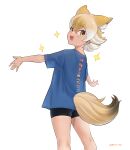  1girl animal_ears beleven bike_shorts black_shorts blonde_hair blue_shirt blush casual cowboy_shot coyote_(kemono_friends) extra_ears from_behind hair_between_eyes highres kemono_friends kemono_friends_v_project looking_at_viewer multicolored_hair open_mouth shirt short_hair short_sleeves shorts sidelocks smile solo sparkle t-shirt tail tekken virtual_youtuber wolf_ears wolf_girl wolf_tail yellow_eyes 