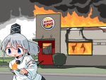  1girl arson burger_king fast_food fire grey_hair hat kasuya_baian long_hair mononobe_no_futo ponytail restaurant tate_eboshi torch touhou 