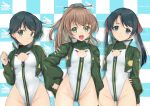  3girls adapted_costume aircraft airplane alice_gear_aegis alternate_costume black_hair blue_eyes breasts brown_hair character_name checkered_background circle_cutout cleavage_cutout clothing_cutout commentary_request companion/af covered_collarbone e16a_zuiun feet_out_of_frame front_zipper full-length_zipper green_eyes green_jacket hair_ornament hair_ribbon highleg highleg_leotard highres jacket kantai_collection kumano_(kancolle) leotard long_hair mikuma_(kancolle) mogami_(kancolle) multiple_girls race_queen ribbon short_hair silhouette sleeveless_turtleneck_leotard small_breasts smile swept_bangs thigh_gap turtleneck_leotard twintails two-tone_leotard white_leotard yashin_(yasinz) zipper zipper_leotard zipper_pull_tab 
