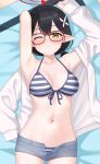  1girl ;) arm_behind_head armpits arms_up ayane_(blue_archive) ayane_(swimsuit)_(blue_archive) bare_shoulders beach bikini black_hair blue_archive blue_bikini blush braid breasts day flower front-tie_bikini_top front-tie_top glasses hair_between_eyes hair_flower hair_ornament hair_tie halo highres hip_focus kurisu-kun long_sleeves lying medium_breasts medium_hair micro_shorts navel off_shoulder on_back one_eye_closed open_clothes open_shirt outdoors red_halo shirt shorts single_braid smile solo stomach striped_bikini striped_clothes swimsuit thigh_gap unbuttoned white_flower white_shirt yellow_eyes 