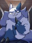  2022 anthro biped blue_body detailed_background hi_res kemono nintendo one_eye_closed pok&eacute;mon pok&eacute;mon_(species) sitting slightly_chubby solo tiri_mama video_games white_body wink zangoose 