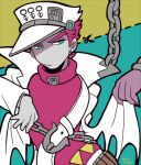  2boys androgyne_symbol belt blue_eyes closed_mouth coat dio_brando earrings feet_out_of_frame hat high_collar jewelry jojo_no_kimyou_na_bouken kotorai kujo_jotaro male_focus multiple_boys no_nose pink_hair pink_shirt scissors shirt short_hair signature two-tone_background v-shaped_eyebrows white_belt white_coat white_headwear 