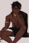  :3 anpu_(monmeon) artist_name bare_legs black_hair black_shorts brown_eyes closed_mouth dark-skinned_male dark_skin elbow_on_knee facial_mark fingernails forehead_mark gold_anklet gold_armlet gold_necklace gold_ring head_on_hand highres jewelry long_hair messy_hair monmeon muscular muscular_male necklace one_eye_closed original sharp_fingernails shorts single_bare_shoulder sitting smile toga topless_male usekh_collar yellow_nails 