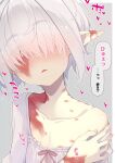  1girl abelia_(ogami_kazuki) blush burn_scar collarbone dress eyes_visible_through_hair fingernails grey_background grey_hair hair_over_eyes hand_up heart hickey highres looking_at_viewer nose_blush off_shoulder ogami_kazuki original parted_lips pink_nails pointy_ears red_eyes scar short_hair simple_background solo sweat thick_eyebrows translation_request upper_body white_dress 