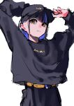  1girl absurdres adjusting_clothes adjusting_headwear arms_up baseball_cap black_hair black_headwear black_pants black_sweater blue_hair closed_mouth colored_inner_hair commentary english_commentary hat highres long_sleeves looking_at_viewer multicolored_hair orange_eyes original pants ritao_kamo short_hair simple_background solo sweater upper_body white_background 