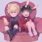  2boys animal_ear_fluff animal_ears bakugou_katsuki black_legwear black_shorts black_vest blonde_hair blue_bow blue_bowtie blue_necktie blush boku_no_hero_academia bow bowtie chair child claws closed_mouth commentary crispyfrites easy_chair english_commentary feet_together formal freckles frown green_eyes green_hair highres knees_up layered_sleeves long_sleeves looking_at_viewer male_focus midoriya_izuku multiple_boys necktie on_chair open_mouth purple_background rabbit_boy rabbit_ears red_eyes red_suit short_hair shorts sitting socks spiked_hair tail teeth upper_teeth vest white_legwear wolf_boy wolf_ears wolf_tail yellow_fur younger 