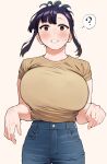  1girl ? blush breasts brown_eyes commentary_request denim elder_cousin_(igarashi_kyouhei) folded_hair folded_ponytail hair_ornament hairclip highres igarashi_kyouhei jeans large_breasts looking_at_viewer open_mouth original pants shirt simple_background solo spoken_question_mark t-shirt yellow_shirt 