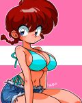  1girl arms_at_sides bikini blue_bikini blue_eyes blush braid braided_ponytail breasts cutoffs denim denim_shorts eyeshadow genderswap genderswap_(mtf) highres large_breasts looking_at_viewer makeup narrow_waist navel purple_eyeshadow ranma-chan ranma_1/2 red_hair saotome_ranma shorts signature string_bikini swimsuit thick_thighs thighs two-tone_background wanta_(futoshi) 