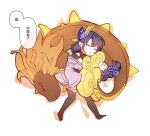  1boy 1girl chibi chinese_commentary closed_eyes closed_mouth genshin_impact hair_between_eyes hair_ornament hair_ribbon highres hug hugging_another&#039;s_tail hugging_tail japanese_clothes lying on_side purple_hair raiden_shogun rex_lapis_(genshin_impact) ribbon simple_background sleeping tail white_background yeluan964 zhongli_(genshin_impact) 
