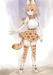  1girl :3 animal_ears bare_shoulders blonde_hair boots cat_ears cat_girl cat_tail earthisfire elbow_gloves extra_ears full_body gloves hair_between_eyes high-waist_skirt highres kemono_friends print_gloves print_skirt print_thighhighs serval_(kemono_friends) serval_print shirt short_hair sidelocks skirt sleeveless solo sparkle tail thighhighs white_footwear white_shirt yellow_eyes zettai_ryouiki 