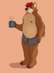 anthro bear belly beverage bulge chromawolf clothing coffee colored_fur eyewear glasses hi_res male mammal nipples overweight pecs slightly_chubby solo underwear