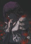  absurdres blood dark_background dress flower hand_on_own_chin highres kamishiro_rize looking_at_viewer purple_eyes red_eyes red_spider_lily shiej007 smile tokyo_ghoul 