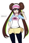  1girl :d black_pantyhose blue_eyes brown_hair cowboy_shot dated double_bun hair_between_eyes hair_bun hand_on_own_hip highres index_finger_raised long_hair looking_at_viewer open_mouth pantyhose pokemon pokemon_bw2 rosa_(pokemon) sakuraidai shirt shorts smile solo twintails very_long_hair visor_cap white_background yellow_shorts 