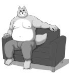 2024 anthro belly big_belly blush bottomwear bulge canid canine canis clothing domestic_dog furniture hi_res humanoid_hands kemono kick_(artist) male mammal moobs navel nipples one_eye_closed overweight overweight_male pants sitting sofa solo wink