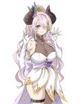  1girl alternate_costume breasts bridal_gauntlets butterfly_hair_ornament cleavage dress flower granblue_fantasy grey_eyes hair_ornament hair_over_one_eye highres horns long_hair looking_at_viewer mitsugu narmaya_(granblue_fantasy) purple_flower purple_hair purple_rose rose see-through see-through_cleavage simple_background sleeveless sleeveless_dress solo white_background white_bridal_gauntlets white_dress 