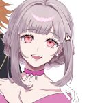  1girl :d alternate_hair_ornament braid choker danganronpa_(series) danganronpa_2:_goodbye_despair grey_hair hair_intakes kusatakesi medium_hair nanami_chiaki official_alternate_costume official_alternate_hairstyle pink_eyes portrait smile solo teeth triangle_hair_ornament upper_teeth_only 