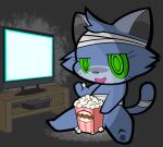 bandage bandaged_head bandaged_tail chibi domestic_cat electronics felid feline felis food green_eyes mammal okojogairu popcorn sitting television undead watching_tv zombie