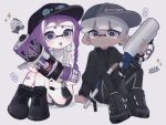  1boy 1girl :&lt; :d arm_support autobomb_(splatoon) bandaid bandaid_on_knee bandaid_on_leg baseball_cap black_footwear black_hat black_jacket black_leggings black_shorts blue_eyes blue_pupils blunt_bangs blush boots bracelet braid closed_mouth colored_tongue dark-skinned_male dark_skin dolphin_shorts e-liter_4k_(splatoon) earrings full_body green_eyes grey_hair grey_hat gun hat heart highres holding holding_weapon ink_mine_(splatoon) inkling_boy inkling_girl inkling_player_character jacket jewelry leggings leggings_under_shorts long_hair mch_k0 multiple_earrings necklace no_nose open_mouth pointy_ears purple_hair purple_outline purple_tongue purple_trim range_blaster_(splatoon) rifle short_eyebrows short_hair shorts sideways_hat single_braid sitting sleeveless sleeveless_sweater sleeveless_turtleneck smile sniper_rifle sparkle splatoon_(series) sweater teeth tentacle_hair turtleneck turtleneck_sweater two-tone_eyes upper_teeth_only v-shaped_eyebrows watch weapon white_background white_sweater wristwatch zipper_pull_tab 