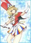  1girl alternate_costume blonde_hair blue_background chain commentary_request ginnkei gloves hat highres lunasa_prismriver lunasa_prismriver_(prism_march_baton) multicolored_clothes multicolored_skirt peaked_cap red_hat short_hair skirt solo touhou touhou_lostword white_gloves white_skirt yellow_eyes 