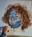  1girl artist&#039;s_hand_in_frame brown_eyes brown_hair closed_mouth colored_pencil_(medium) commentary cropped_head curly_hair english_commentary expressionless fine_art_parody highres looking_at_viewer medium_hair parody photo-referenced photo_(medium) photorealistic portrait realistic signature simone_mulas solo starry_night_(van_gogh) traditional_media 