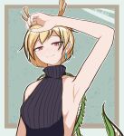  1girl antlers arm_up armpits bare_shoulders blonde_hair dragon_girl dragon_horns dragon_tail highres horns kicchou_yachie looking_at_viewer no_leg_radish red_eyes short_hair smile tail touhou turtle_shell yellow_horns 